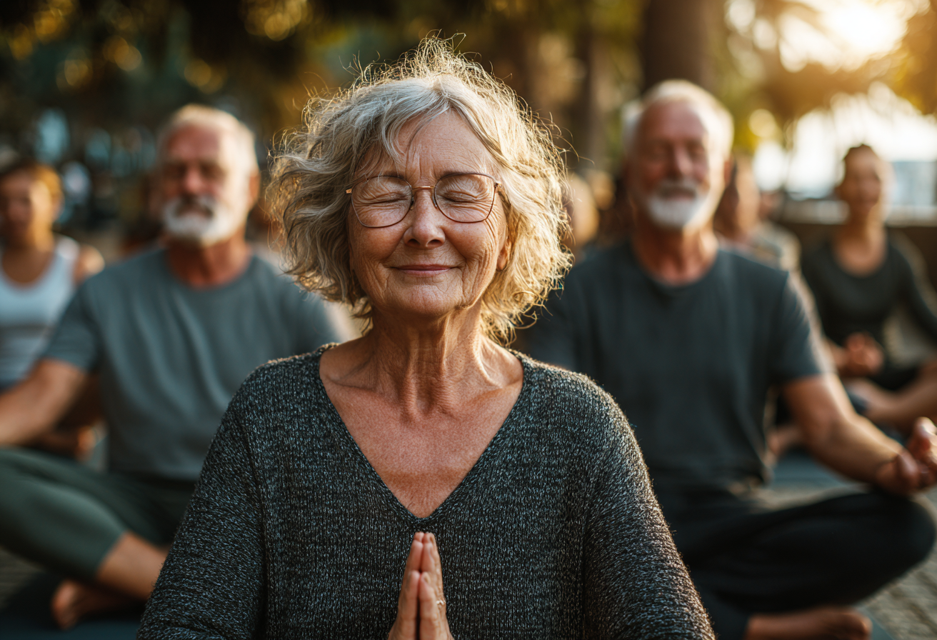 Personas mayores en clase de yoga grupal sonriendo y apoyándose mutuamente